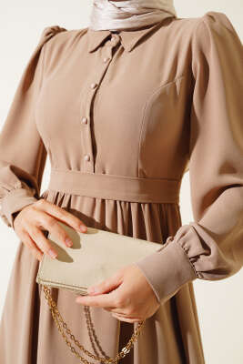 Kuşaklı Gömlek Yaka Elbise Vizon - Tesettür Elbise