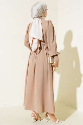 Kuşaklı Gömlek Yaka Elbise Vizon - Tesettür Elbise