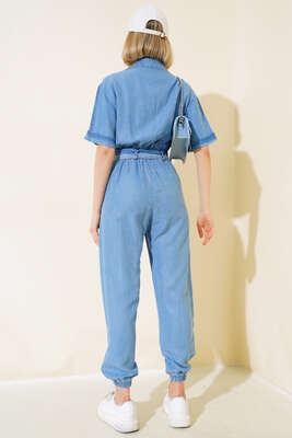 Kuşaklı Gömlek Yaka Kot Tulum Açık Mavi - Kadın Giyim Modelleri