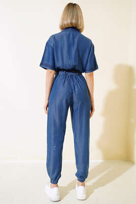 Kuşaklı Gömlek Yaka Kot Tulum Orta Mavi - Kadın Giyim Modelleri