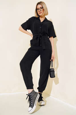 Kuşaklı Gömlek Yaka Kot Tulum Siyah 