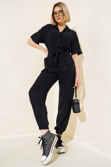 Kuşaklı Gömlek Yaka Kot Tulum Siyah - Kadın Giyim Modelleri