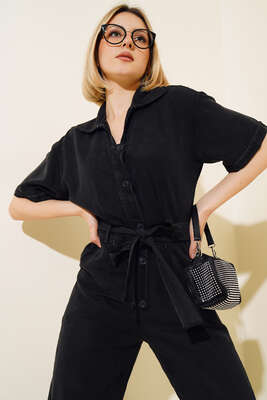 Kuşaklı Gömlek Yaka Kot Tulum Siyah - Kadın Giyim Modelleri