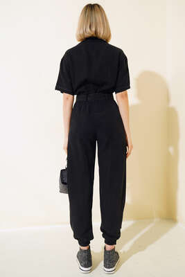 Kuşaklı Gömlek Yaka Kot Tulum Siyah - Kadın Giyim Modelleri