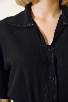 Kuşaklı Gömlek Yaka Kot Tulum Siyah - Kadın Giyim Modelleri