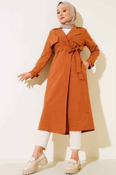 Kuşaklı İki Düğmeli Uzun Trenç Taba - Trençkot