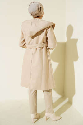 Kuşaklı Kapüşonlu Kaşe Kaban Bej - Kaban