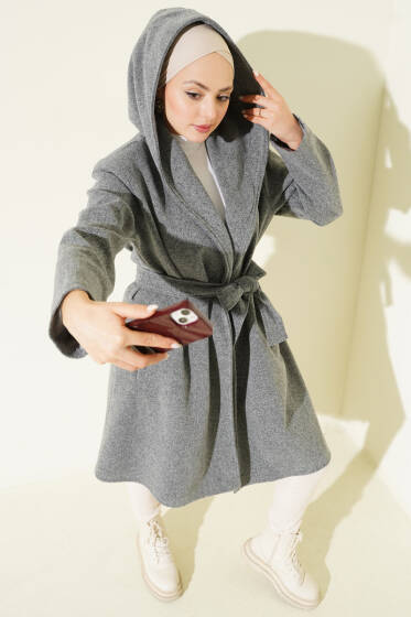 Kuşaklı Kapüşonlu Kaşe Kaban Füme - Kaban