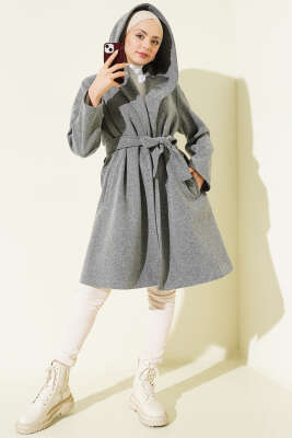 Kuşaklı Kapüşonlu Kaşe Kaban Füme - Kaban