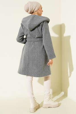 Kuşaklı Kapüşonlu Kaşe Kaban Füme - Kaban