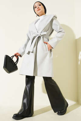 Kuşaklı Kapüşonlu Kaşe Kaban Gri - BERAT TEKSTİL