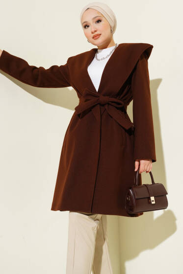 Kuşaklı Kapüşonlu Kaşe Kaban Kahve - Kaban