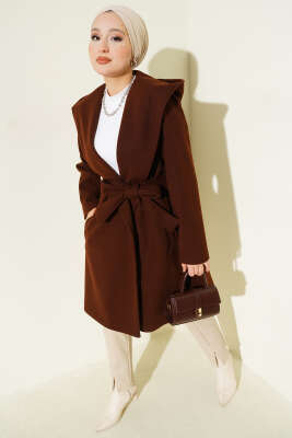 Kuşaklı Kapüşonlu Kaşe Kaban Kahve - Kaban