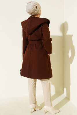 Kuşaklı Kapüşonlu Kaşe Kaban Kahve - Kaban