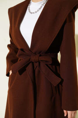 Kuşaklı Kapüşonlu Kaşe Kaban Kahve - Kaban