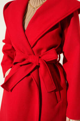 Kuşaklı Kapüşonlu Kaşe Kaban Kırmızı - Kaban