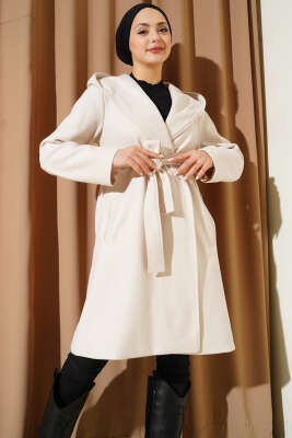 Kuşaklı Kapüşonlu Kaşe Kaban Krem 