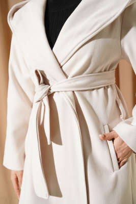 Kuşaklı Kapüşonlu Kaşe Kaban Krem - Kaban