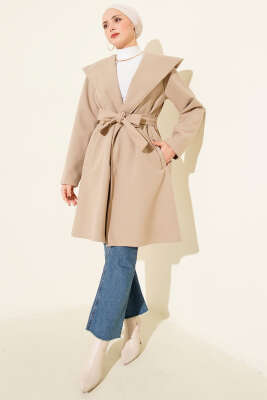 Kuşaklı Kapüşonlu Kaşe Kaban Kum Bej - Kaban