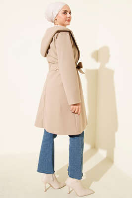 Kuşaklı Kapüşonlu Kaşe Kaban Kum Bej - Kaban