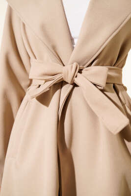 Kuşaklı Kapüşonlu Kaşe Kaban Kum Bej - Kaban