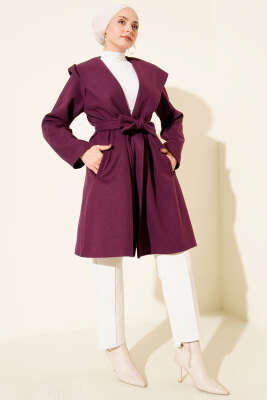 Kuşaklı Kapüşonlu Kaşe Kaban Mor - Kaban