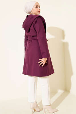 Kuşaklı Kapüşonlu Kaşe Kaban Mor - Kaban