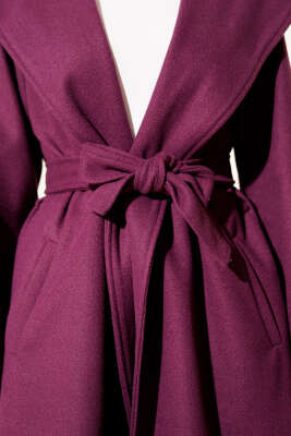 Kuşaklı Kapüşonlu Kaşe Kaban Mor - Kaban