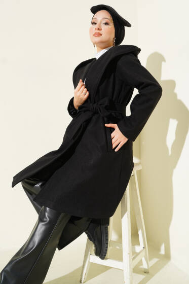 Kuşaklı Kapüşonlu Kaşe Kaban Siyah - Kaban