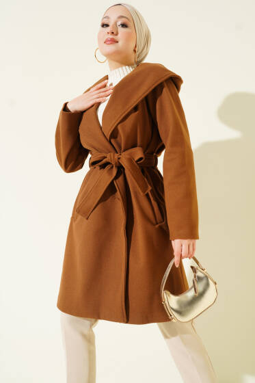 Kuşaklı Kapüşonlu Kaşe Kaban Taba - Kaban