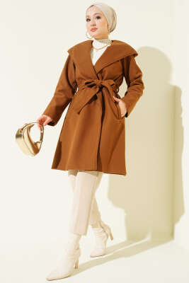 Kuşaklı Kapüşonlu Kaşe Kaban Taba - Kaban