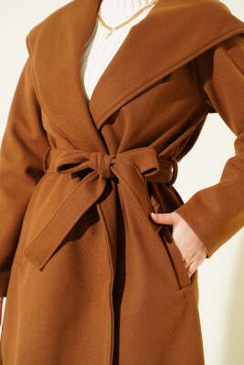 Kuşaklı Kapüşonlu Kaşe Kaban Taba - Kaban