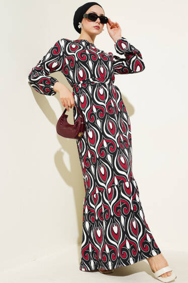 Kuşaklı Karışık Desenli Bürümcük Elbise Bordo - Elbise