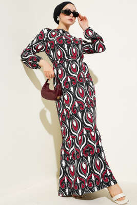 Kuşaklı Karışık Desenli Bürümcük Elbise Bordo - Tesettür Elbise