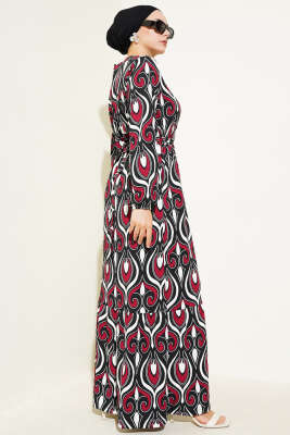 Kuşaklı Karışık Desenli Bürümcük Elbise Bordo - Tesettür Elbise