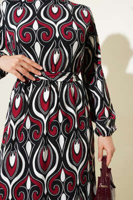 Kuşaklı Karışık Desenli Bürümcük Elbise Bordo - Tesettür Elbise