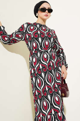 Kuşaklı Karışık Desenli Bürümcük Elbise Bordo - Tesettür Elbise