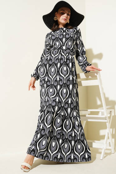 Kuşaklı Karışık Desenli Bürümcük Elbise Füme - Elbise