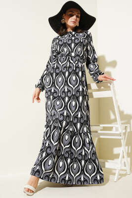 Kuşaklı Karışık Desenli Bürümcük Elbise Füme 