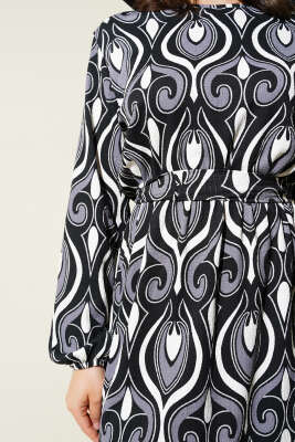 Kuşaklı Karışık Desenli Bürümcük Elbise Füme - Tesettür Elbise