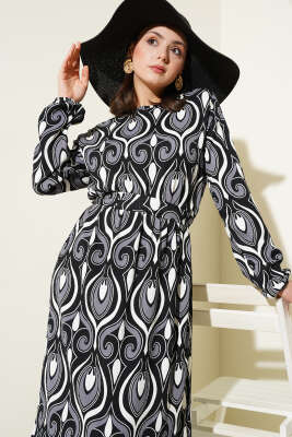 Kuşaklı Karışık Desenli Bürümcük Elbise Füme - Tesettür Elbise