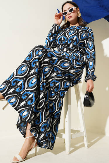 Kuşaklı Karışık Desenli Bürümcük Elbise Saks - Elbise