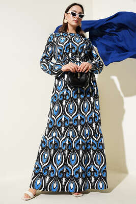 Kuşaklı Karışık Desenli Bürümcük Elbise Saks - Tesettür Elbise