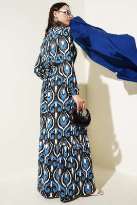 Kuşaklı Karışık Desenli Bürümcük Elbise Saks - Tesettür Elbise