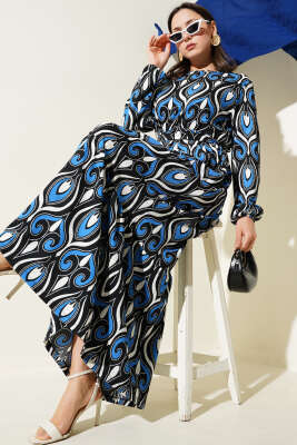 Kuşaklı Karışık Desenli Bürümcük Elbise Saks 