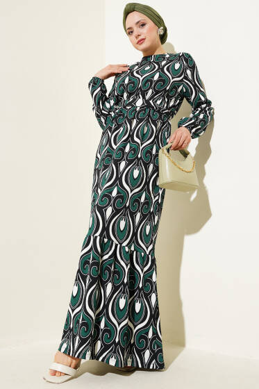 Kuşaklı Karışık Desenli Bürümcük Elbise Zümrüt - Elbise