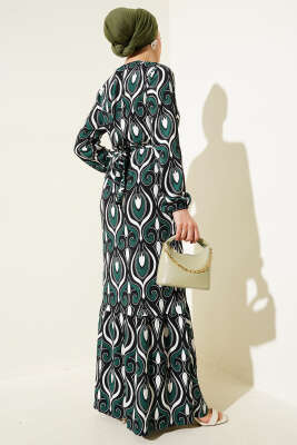 Kuşaklı Karışık Desenli Bürümcük Elbise Zümrüt - Tesettür Elbise