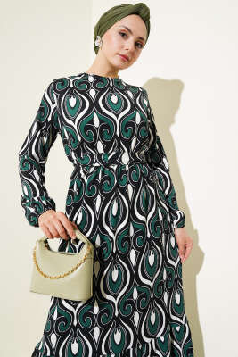 Kuşaklı Karışık Desenli Bürümcük Elbise Zümrüt - Tesettür Elbise