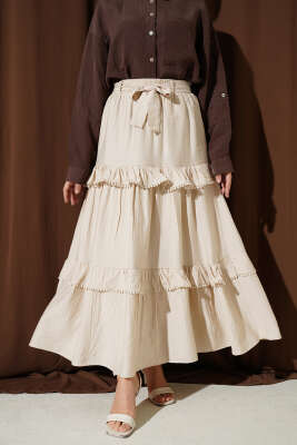 Kuşaklı Kat Detaylı Kloş Etek Bej 