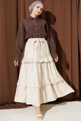 Kuşaklı Kat Detaylı Kloş Etek Bej - Etek